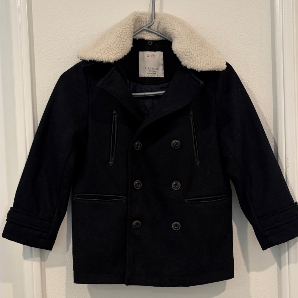 Zara Boys Navy Pea Coat with Cream Collar